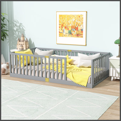 Twin Size Floor Bed with High Fence Railings, 6 Slats Included, Rubber Wood Floor Bed with Safety Guardrails, without Door,Grey