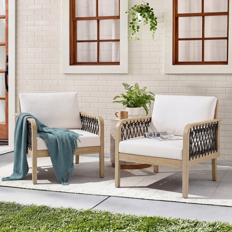 Fauteuil club d'extérieur en bois d'acacia avec corde tissée à la main (ensemble de 2), finition teck clair
