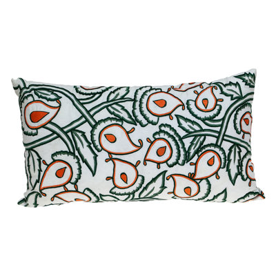 14" X 24" Green and White Cotton Lumbar Throw Pillow with Embroidery