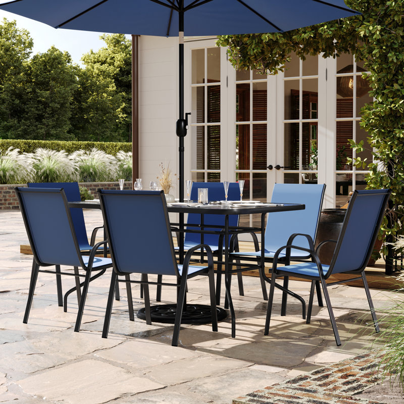 Elgin Patio Dining Set with Glass Table and Flex Stack Chairs, 6 Pieces Included, Navy