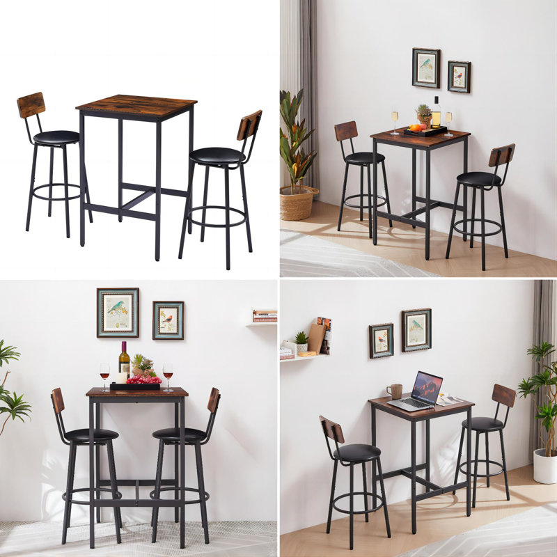 Doncaster Bar Table Set with 2 Bar stools PU Soft seat with backrest, Rustic Brown, 23.62'' W x 23.62'' D x 35.43'' H and 1pcs tray