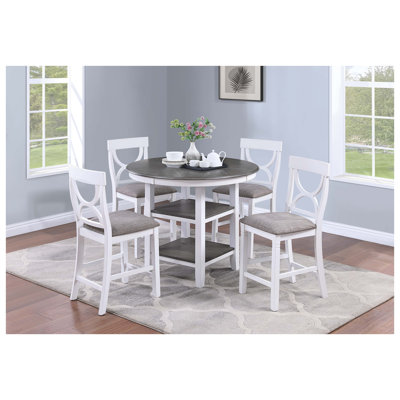 Ensemble de salle à manger 5 pièces à hauteur de comptoir blanc antique et gris avec table ronde et 4 chaises rembourrées