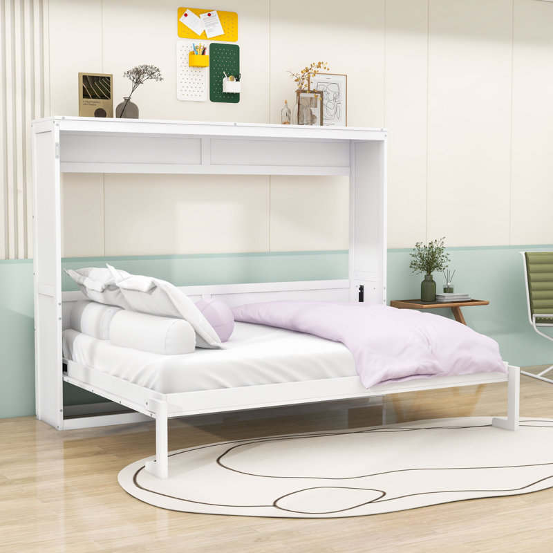 Armoire murale Murphy avec lattes et pieds, Blanc, Grand lit