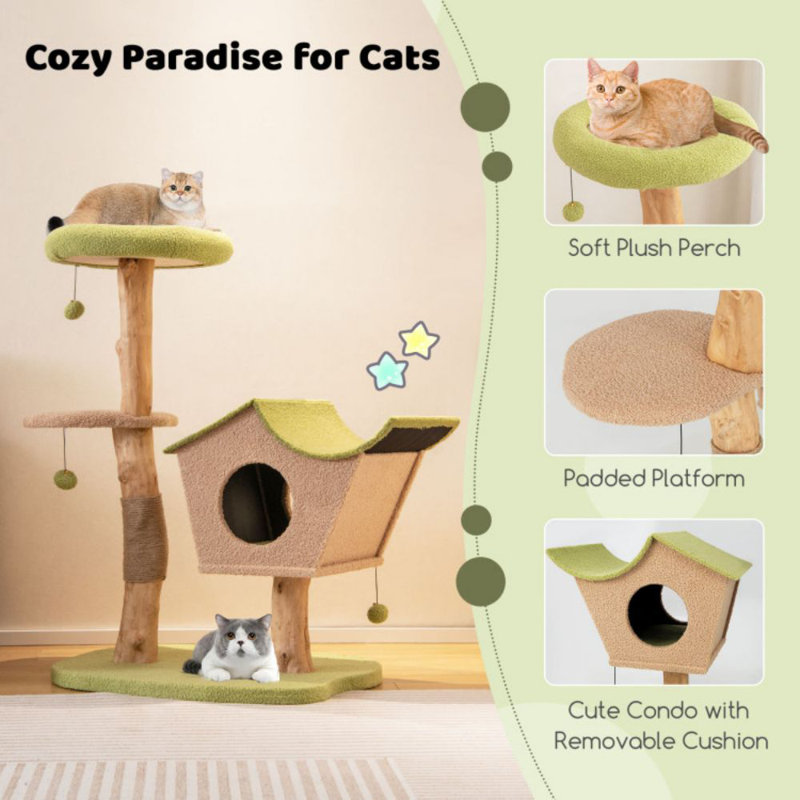 43 Inch Green and Beige Wooden Cat Tree with Perch and Condo