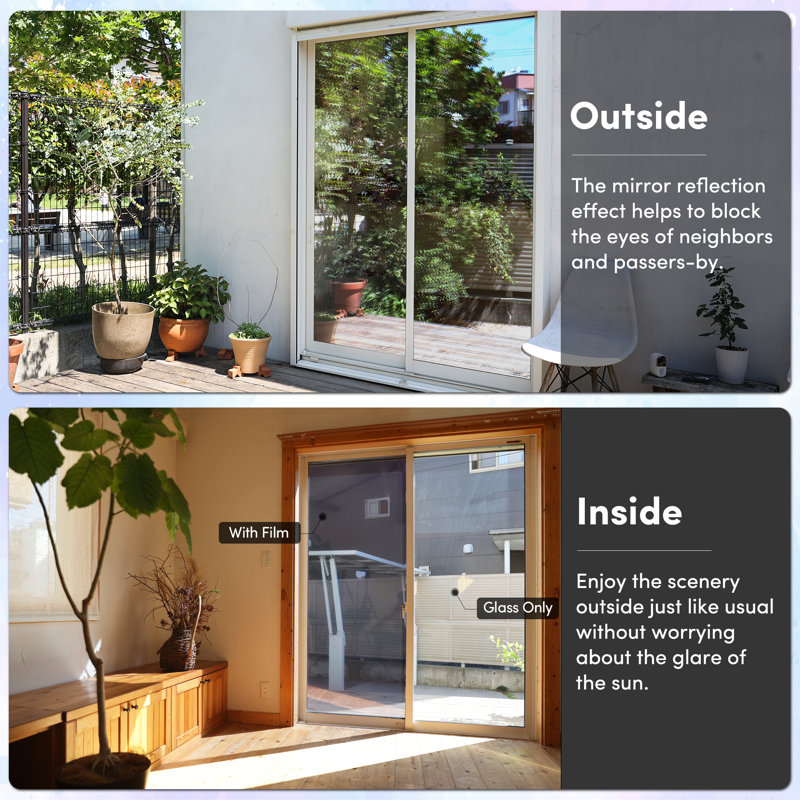 One Way Privacy with Heat Control Non-Wall Damaging Window Decal, 35.4'' H x 78'' W, Black/Silver