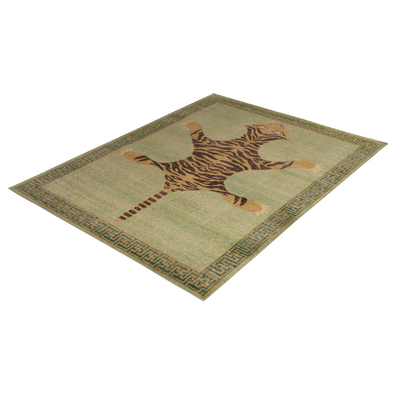 Classic Pictorial Tiger Rug Green Orange Custom Pattern By Rug & Kilim, Rectangle 9' x 12'