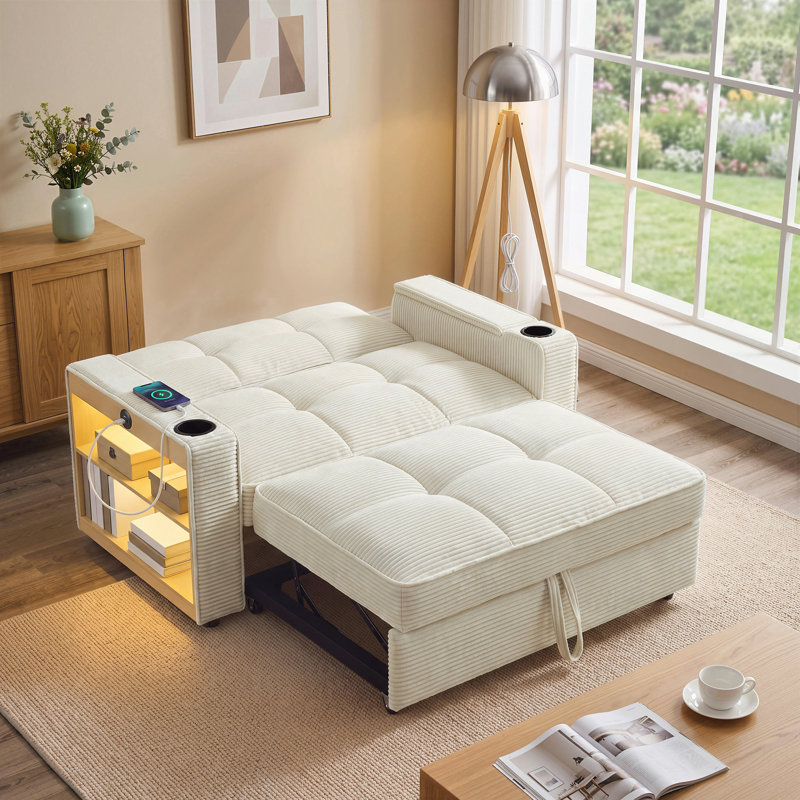 2-Seater Corduroy Sofa Bed with LED Shelf, Hidden Storage, Cup Holders & Pull-Out Sleeper for Small Spaces, Beige
