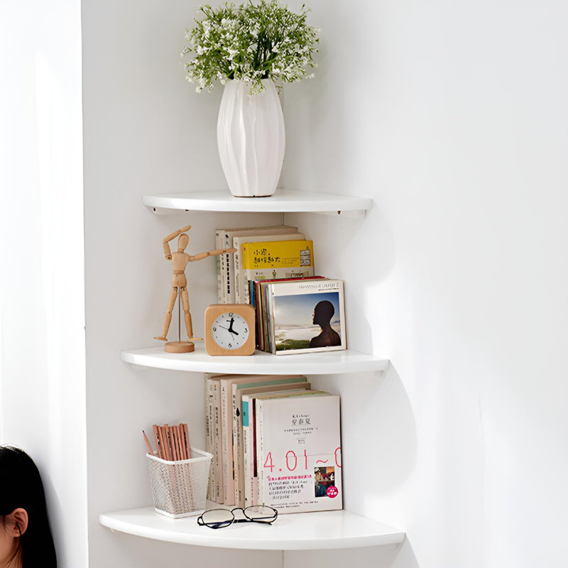 Solid Wood Corner Shelf | Wall-Mounted Fan-Shaped Storage Shelf, 0.66” H x 13.77” W x 13.77” D