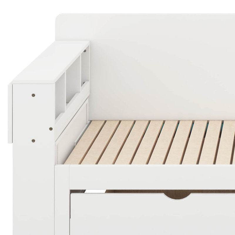 Grand lit de jour avec bureau amovible, structure de lit de jour en bois avec tiroirs de rangement et table d'appoint hydraulique, canapé-lit