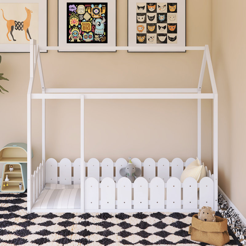 Wood Bed House Bed Frame With Fence, White , Twin