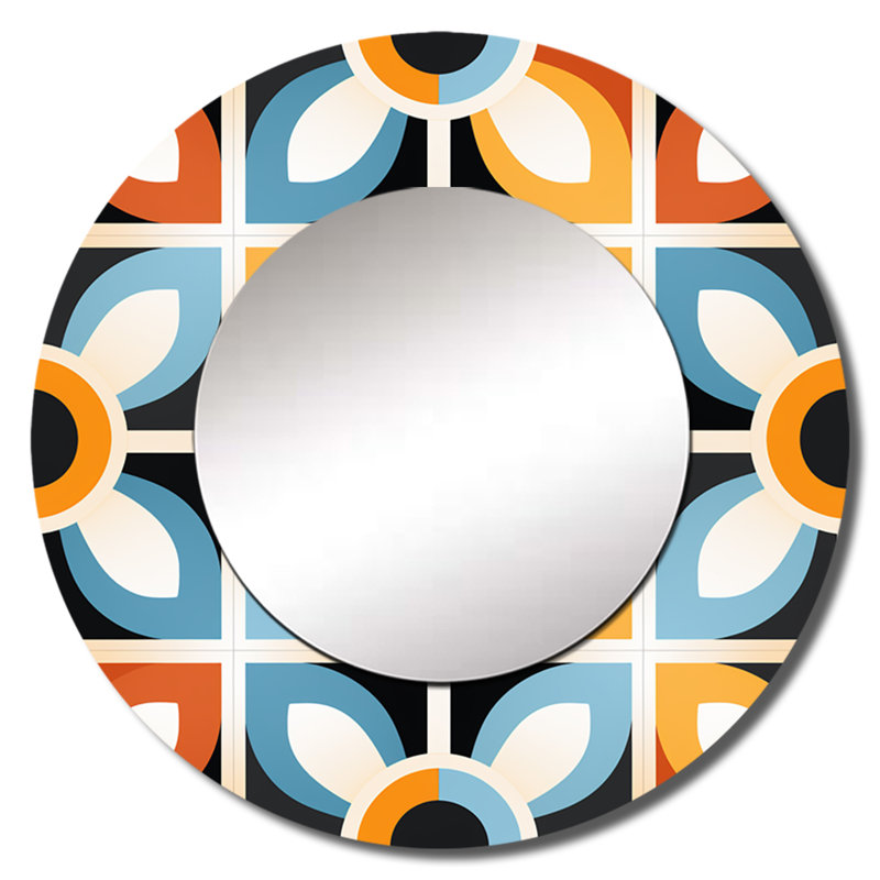 Motif de mosaïque rustique orange et bleu - miroir mural géométrique unique, miroir rond jaune, impression d'art en métal