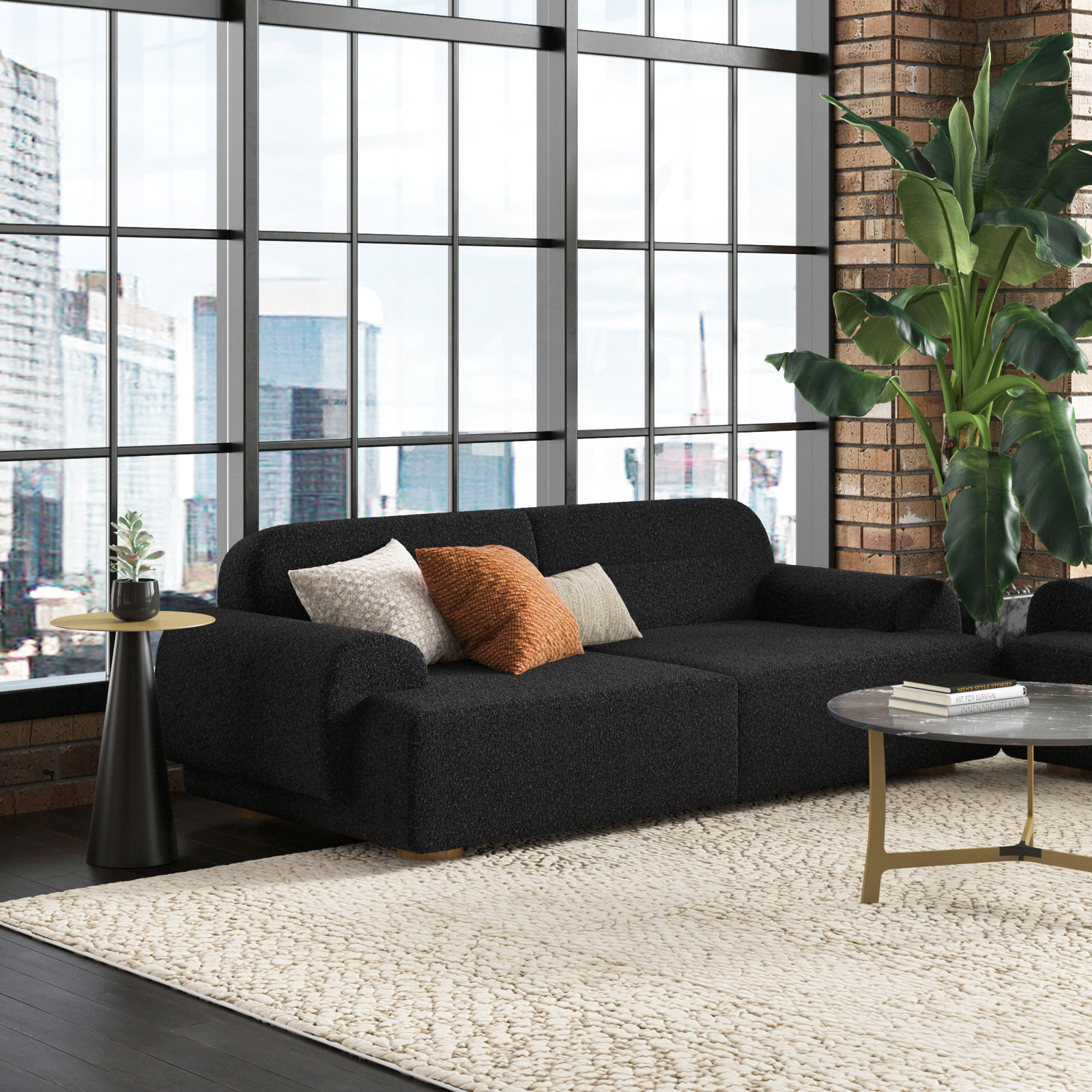 Ayda 89'' Upholstered Sofa, Black Boucle 100% Polyester