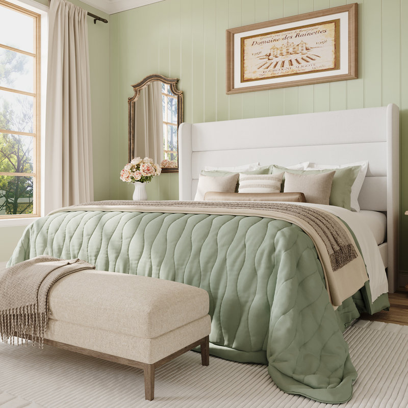 Chic Upholstered Platform Wingback Bed Frame No Box Spring Needed, Full, White