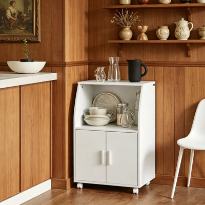 Wheeled White Storage Cabinet with Doors & Adjustable Shelf, Compact Microwave Trolley Unit for Kitchen Dining Office, 92 x 59 x 40cm
