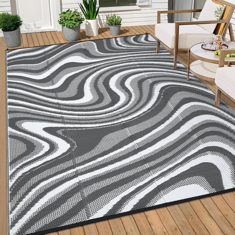 Outdoor Rug Reversible Outdoor Doormat Waterproof, Modern Plastic Straw, Abstract, Mark Resistant, Easy Clean, Portable, Low Pile, for Patio, Deck, Camping, RV