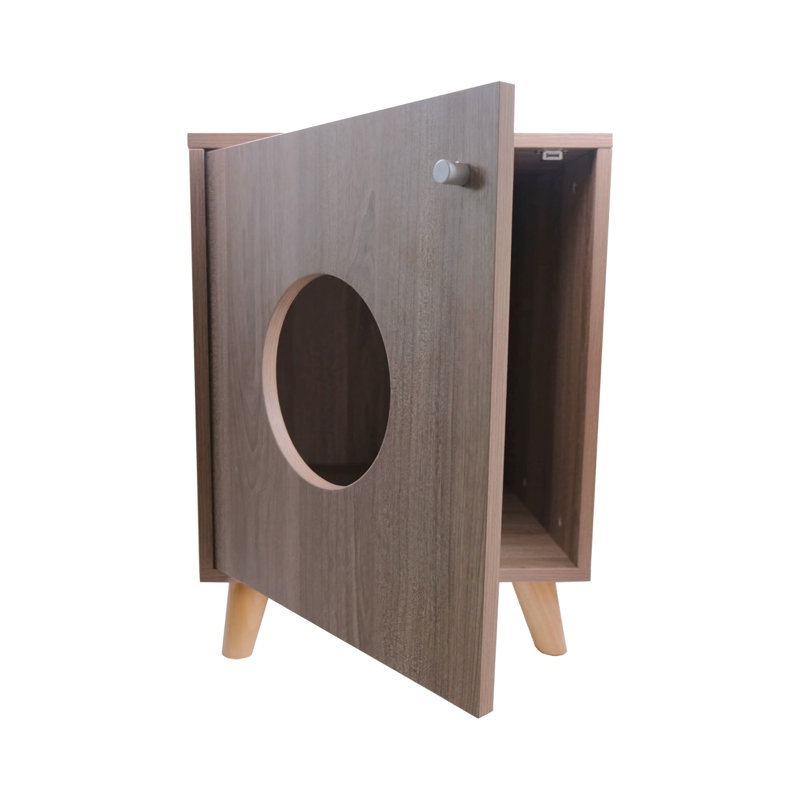 Small Gray Oak Wood Cat Litter Box Enclosure Nightstand