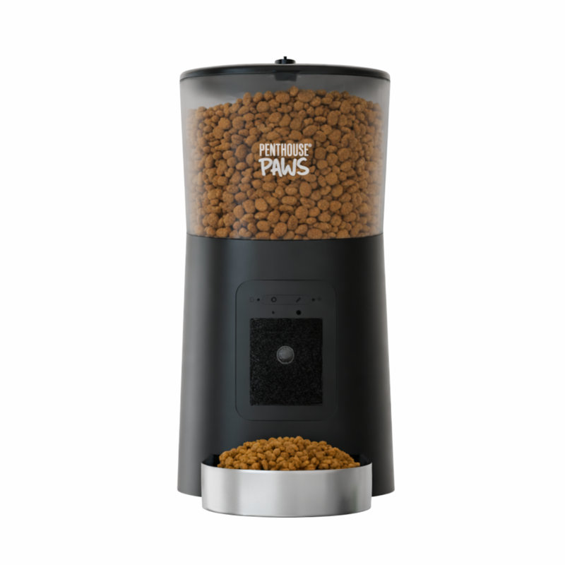 Penthouse Paws Smart HD Automatic Pet Feeder, 6L Dry Food Capacity, 1080p Camera, 2-Way Audio, Scheduled Meals,  Backup Power, Easy to clean, Anti-Jam Design for Cat & Dog, Black/ Stainless Steel