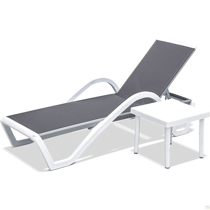 Patio Chaise Lounge Adjustable Aluminum Pool Lounge Chairs With Arm All Weather Pool Chairs (1 Lounge Chair+1 Plastic Table)