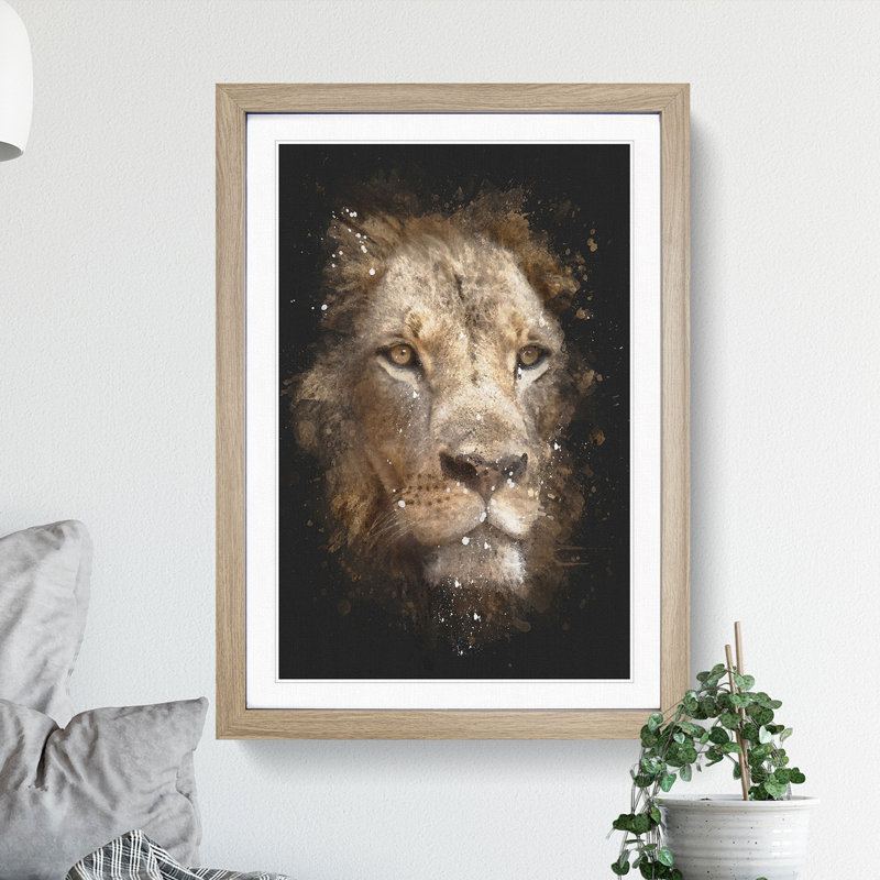 Face of a Lion Paint Splash - Picture Frame Graphic Art, 65cm H x 48cm W x 2cm D, Oak