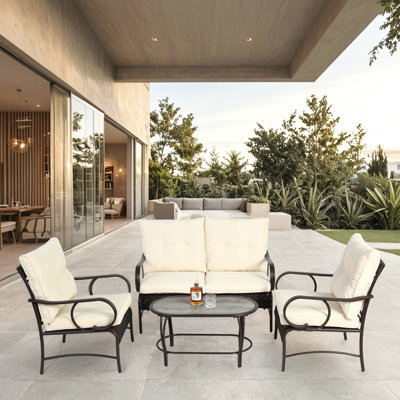 4 Piece Outdoor Patio Furniture Sets, Conversation Set For Porch Deck, Sofa Chair With Cushion