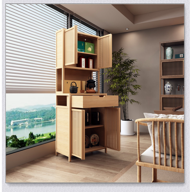 Armoire de rangement haute à double porte en bambou, grande capacité, idéale pour les salons et les salles à manger.