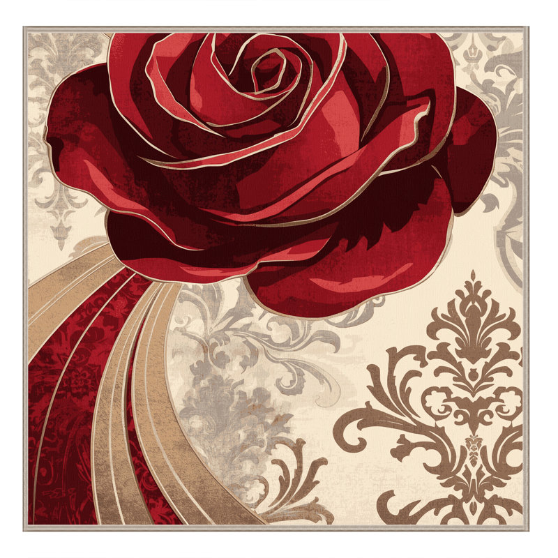 Tapis damassé rouge orné de roses rouges lavables à la machine Paesyn - Reliure, Carré 7 pi