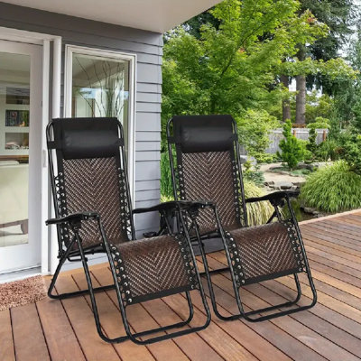 2Pcs Zero Gravity Patio Lounge Chairs - Foldable & Reclining With Headrest, Durable Steel Frame & Weather-Resistant Brown Rattan, 330 Lbs Capacity, Perfect For Garden, Poolside & Backyard Relaxation, Outdoor Chair Cushions