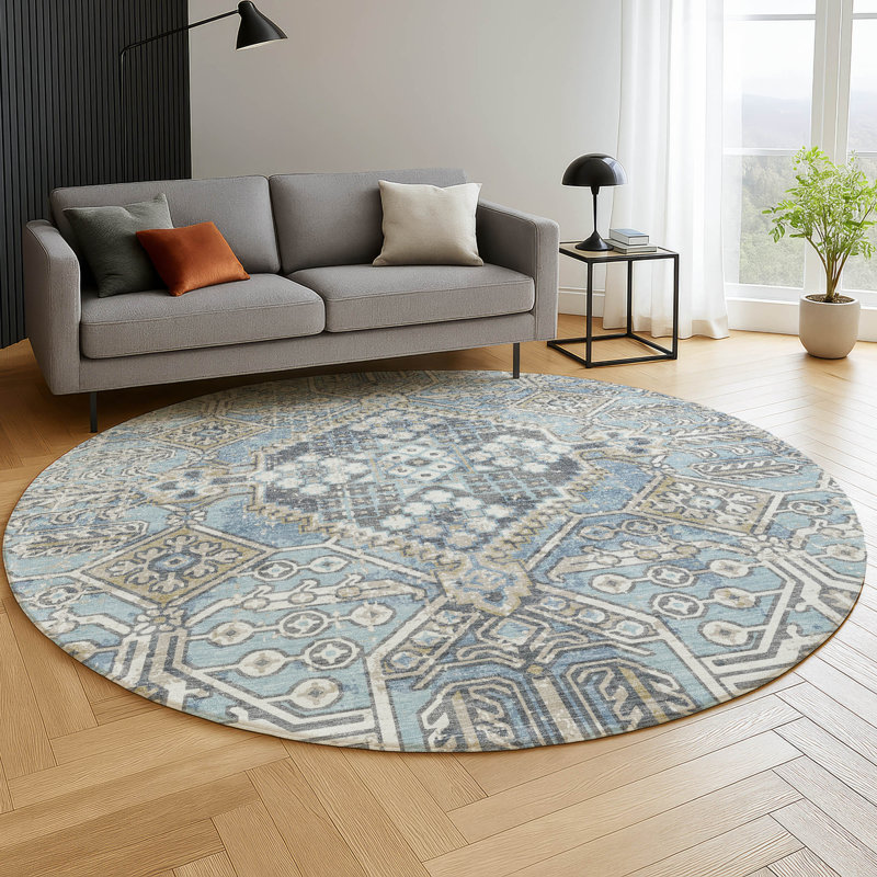 Premium Machine Washable Mayfield AMF2197 global Rug, Sky, 8' Round