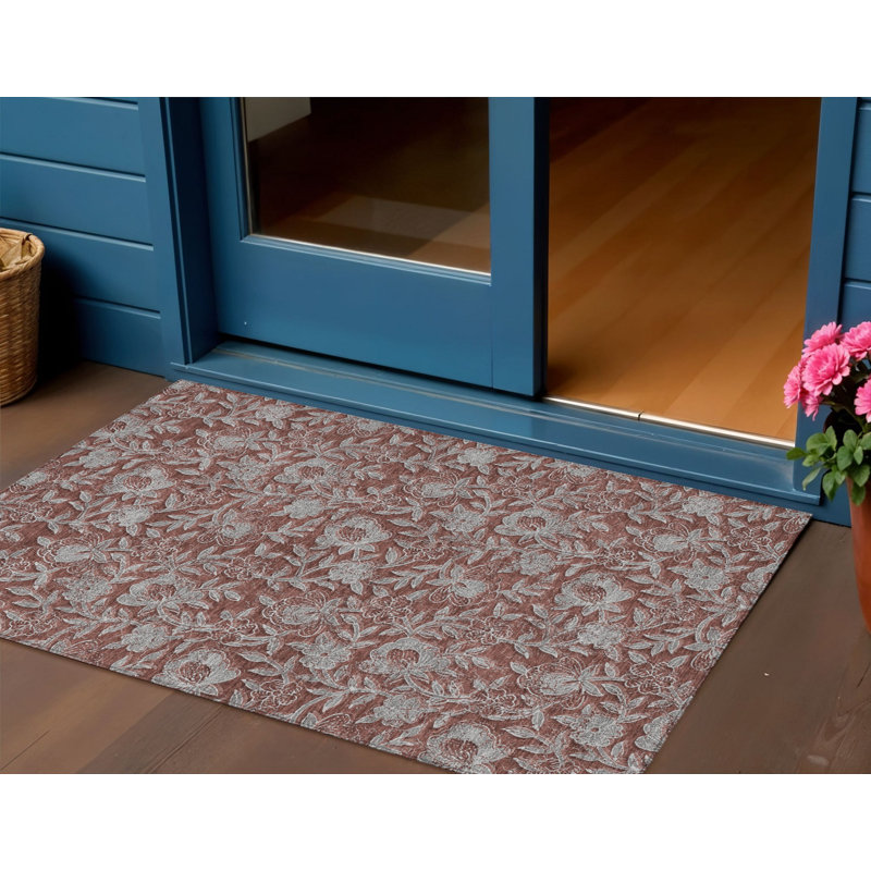 3' X 5' Orange Gray And Silver Floral Washable Indoor Outdoor Area Rug