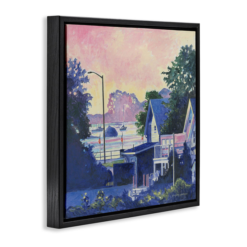 Art mural sur toile Gloucester, maisons au crépuscule, par Greg Gorham, Cadre flottant noir de jais, H 18 po x l 18 po