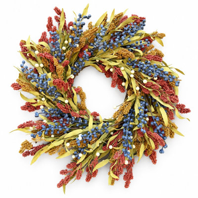 Couronne de porte d'entrée artificielle de 61 cm (24 po) avec feuillage d'automne et baies, décoration murale pour la récolte d'automne et Thanksgiving