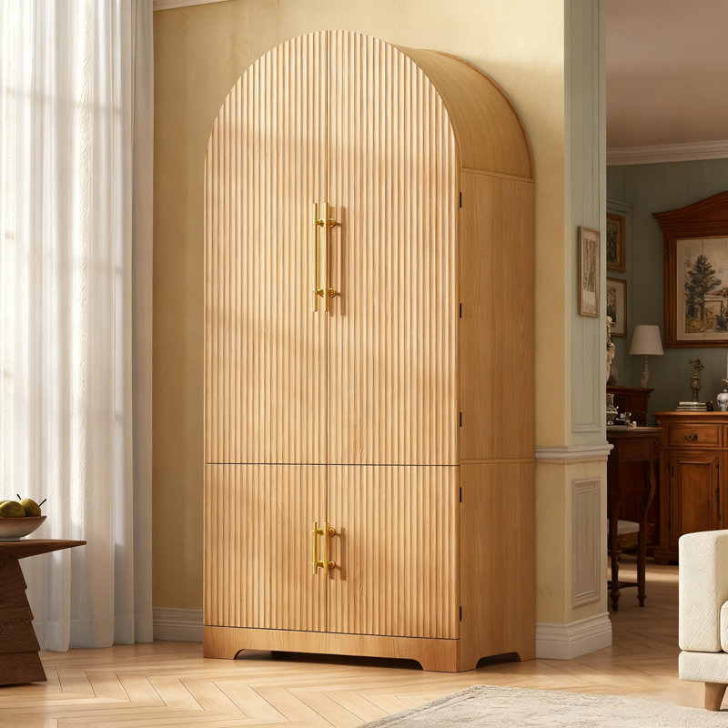 Garde-manger arqué avec tablettes de porte et tiroir caché, Naturel