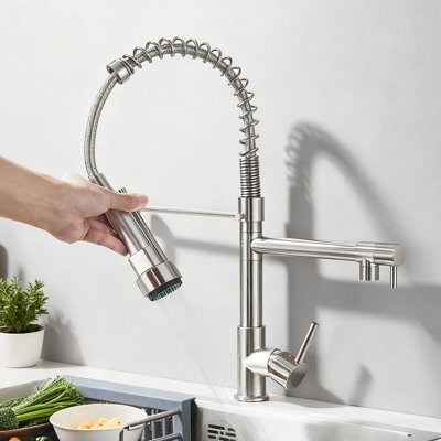 Robinet de cuisine en nickel brossé avec douchette extractible à deux becs