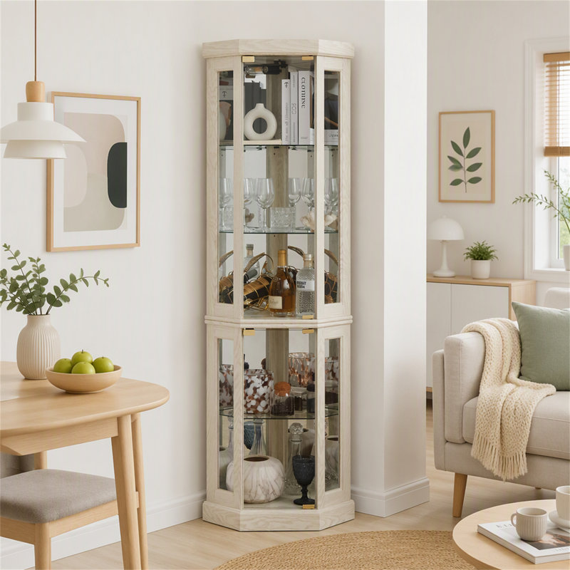Armoire d'angle en verre avec présentoir à souvenirs lumineux pour salon, collection Antique et rangement pour bar