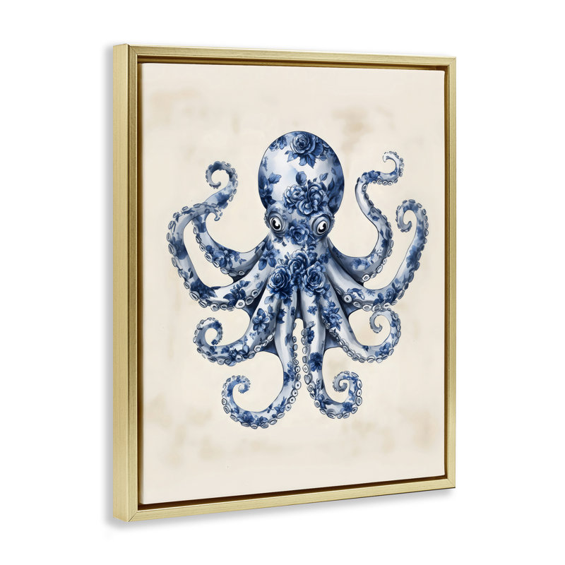 Cadre flottant bleu avec pieuvre florale, design par Arlington Prints, H 21 po x l 17 po, Cadre flottant métallique doré