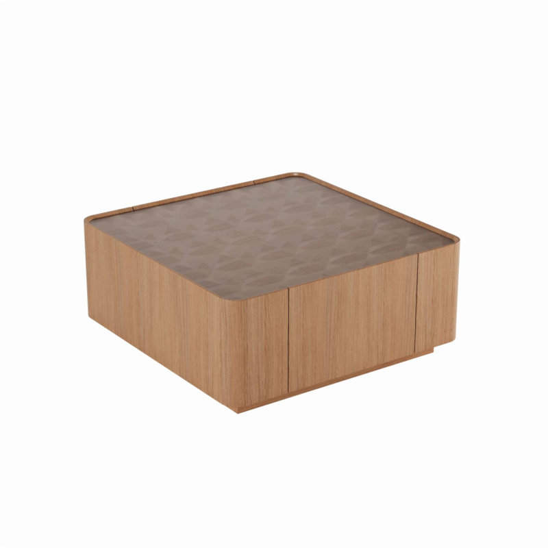 Table basse de 31,5 pouces carrée avec rangement, conception moderne en bois avec plateau en verre pour le salon et le bureau