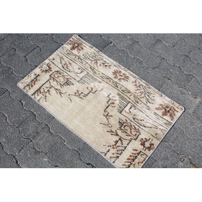 Small Antique Turkish Oushak Rug - Vintage Beige Bath and Kids Room Decor Rug