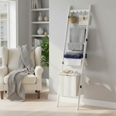Bamboo 5-Tier Blanket Ladder With Storage Basket & Hooks