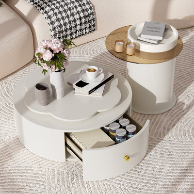 Ensemble de 2 tables basses rondes modernes, plateau tournant en forme de fleur à 360 degrés avec 2 tiroirs, décoration en verre pour le salon