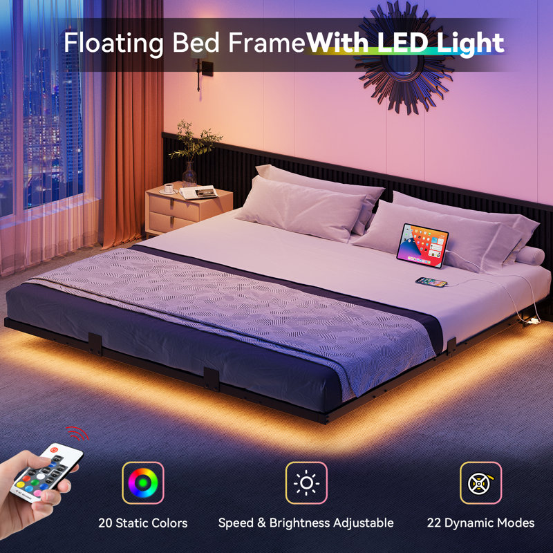 King Black Metal Floating Bed Frame with LED Lights and Charging Station