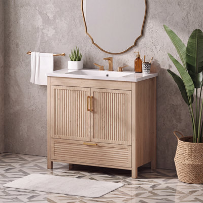 Meuble-lavabo autoportant de 36 po avec lavabo, panneaux ondulés ondulés, finition grain de bois de chêne, portes et tiroir à fermeture en douceur