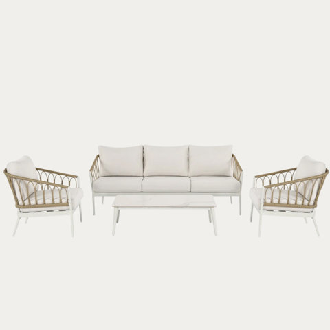 Outdoor living room set with white cushions and marble-look table.