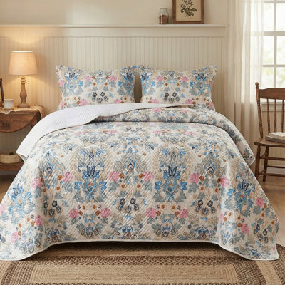 Kingrest Luxury Floral Print Cotton Quilt Set King Size, Lightweight Pattern Comforter Set, Oversized Bedspread Coverlet Quilted Bedding Set, with 2 Matching Pillowcases, for All Season
