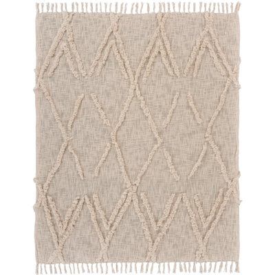 Handwoven Tufted Cotton Throw Blanket, Beige