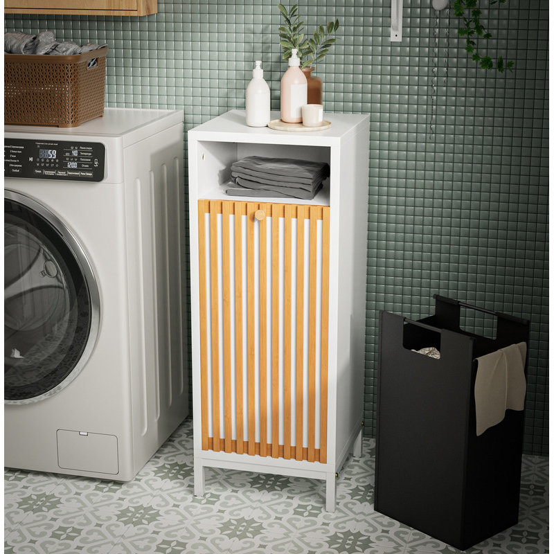 Bathroom Side Cabinet with Bamboo Front & Hamper - Natural/White