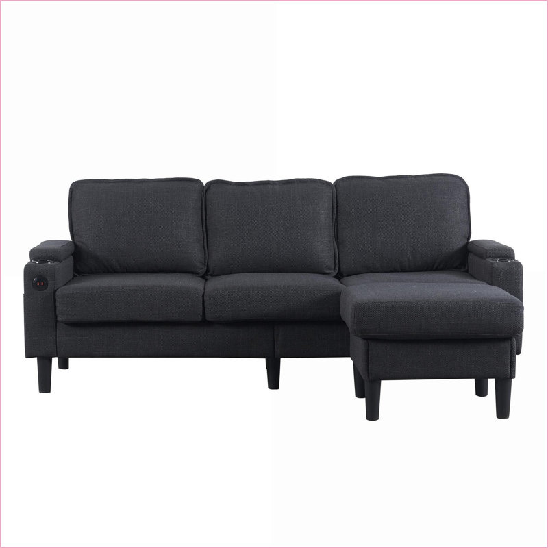 Sectional Sofa with Storage Ottoman | Charcoal Gray L-Shaped 3-Seat Couch for Small Spaces | USB Ports | DARK GREY | Wood+Fabric