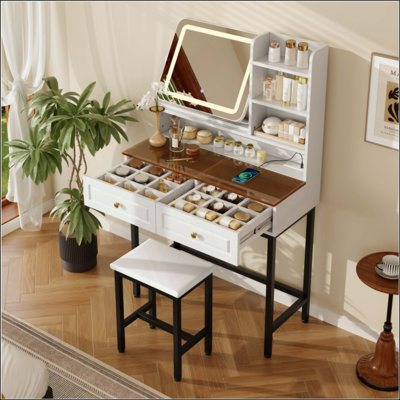 Coiffeuse de maquillage avec miroir lumineux à DEL, miroir rotatif à 360 °, coiffeuse avec 2 tiroirs, prise de courant et tablettes à 3 niveaux, plateau de table en verre ambré, coiffeuse avec pieds et tabouret en métal robuste