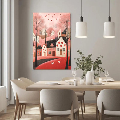 2D Flat, 1Pc Framed Canvas Wall Art, Valentine's Day Town, Love Elements, Dreamy Watercolor Style Art Print Canvas Poster Painting Room Wall Decor, Id