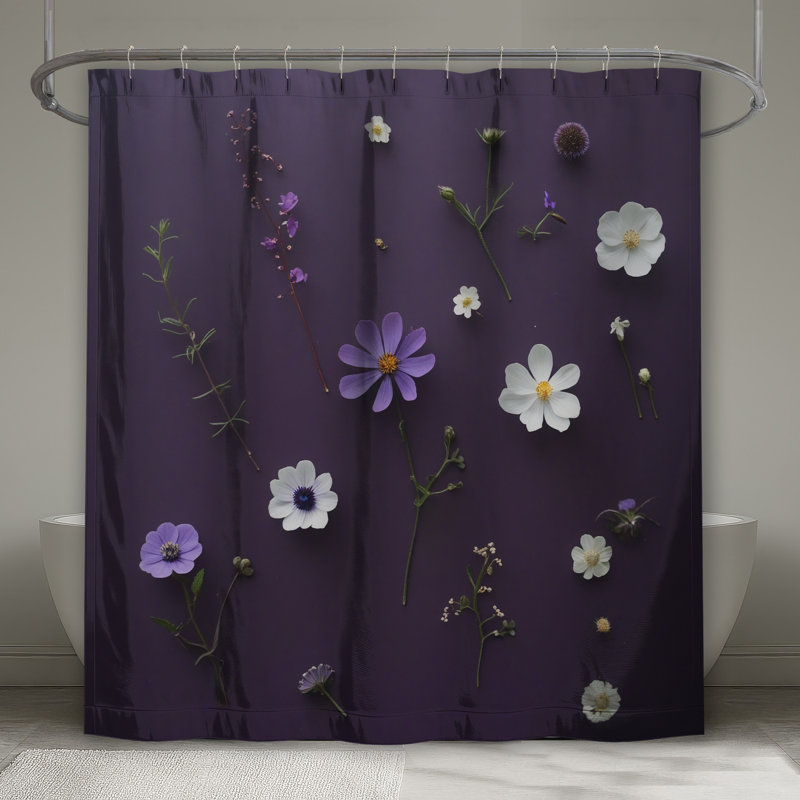 Rideau de douche mauve à fleurs blanches extra long, 70in W x 93in H