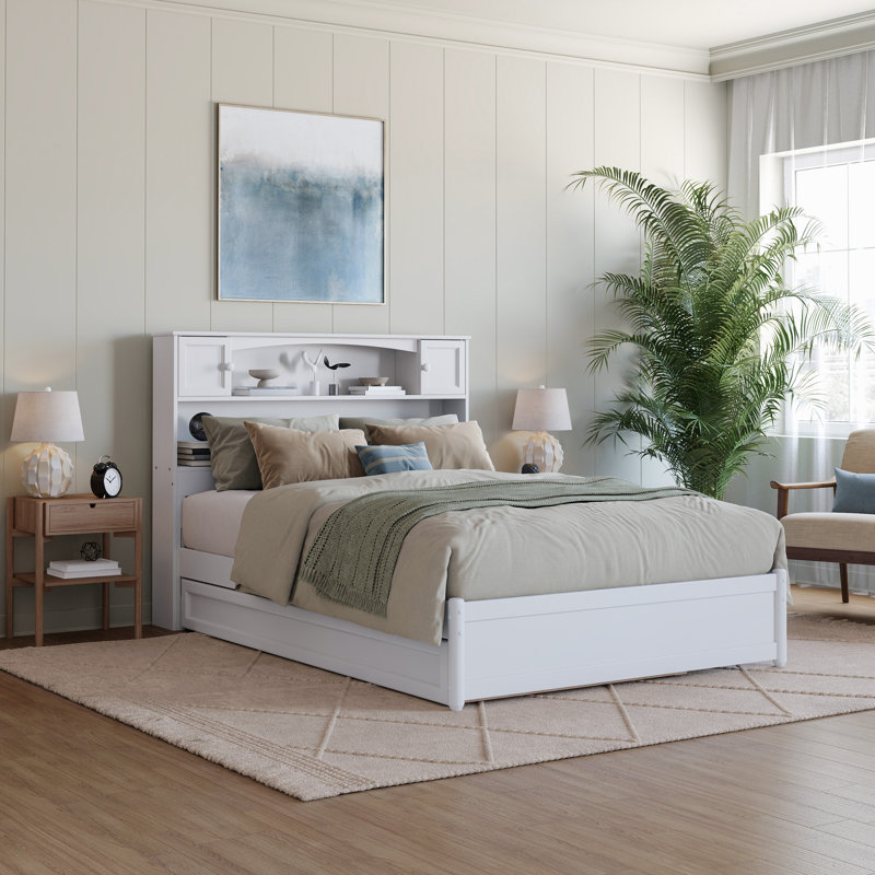 Lit plateforme avec rangement et lit gigogne Ashney, Blanc, Double